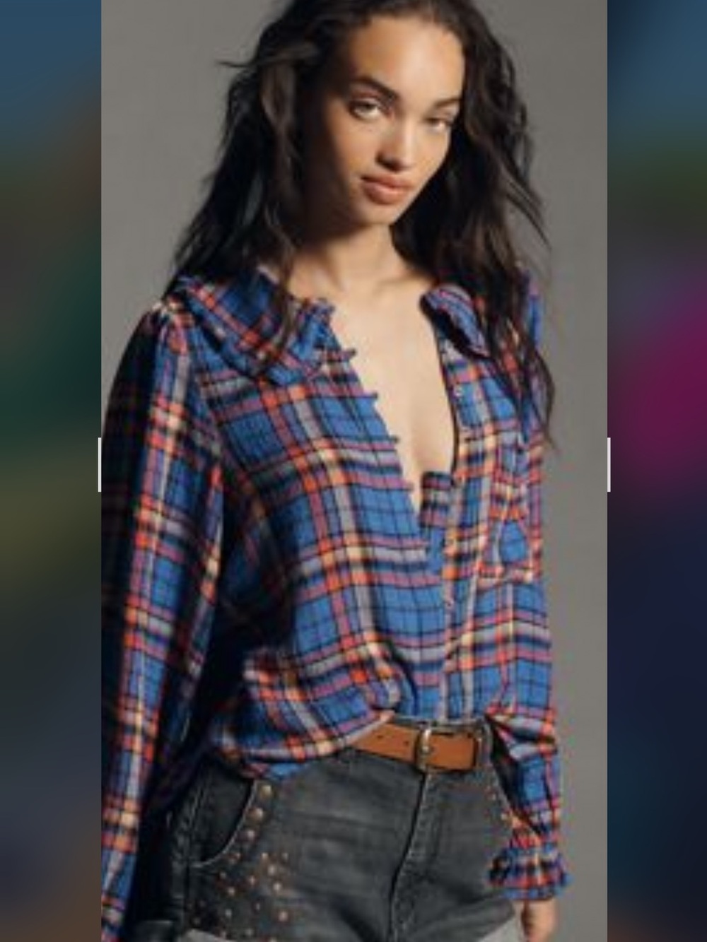 Anthropologie Plaid Button-Down Shirt in Blue and Red - Picture 2 of 2